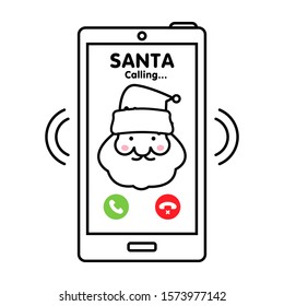 Santa calling your phone. Isolated lined vector icon. Merry Christmas congratulation illustration. Funny card with smiling face. Happy New Year inspirational print.