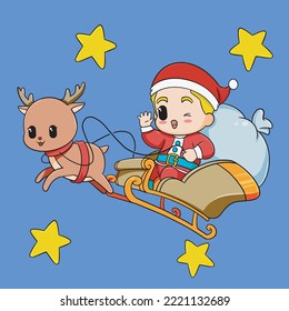 santa caluse riding a sleigh carrying gifts pulled by a cute reindeer