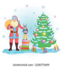 Santa came to wish Happy New Year to forest dwellers, holiday, year of the rabbit, Christmas tree, Santa, snow, new Year gifts, fairy forest, Christmas decorations, winter, symbol of the new year