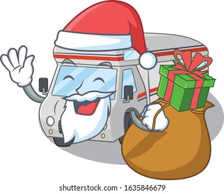 Santa campervan Cartoon character design having box of gifts