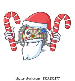 Santa with candy cartoon dartcoard next to wooden table
