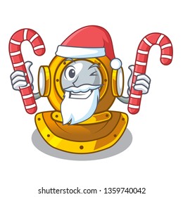 Santa with candy diving helmet on a cartoon table