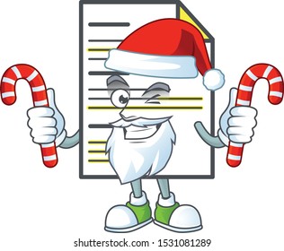 Santa with candy document cartoon mascot on white background