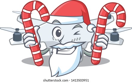 Santa with candy drone on a wooden cartoon table