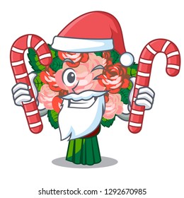 Santa with candy flower bouquet placed on glass cartoon