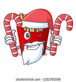 Santa with candy french fries above the mascot board