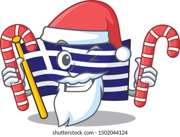 Santa with candy greece flag placed in cartoon cupboard