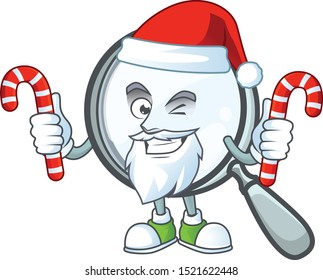 Santa with candy magnifying glass cartoon character with mascot.