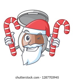Santa with candy makeup powder on wooden cartoon table