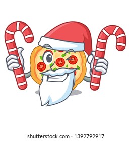 Santa with candy margherita pizza in the mascot shape