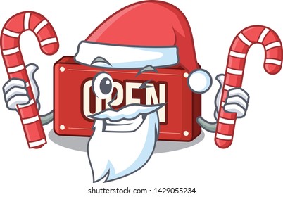 Santa with candy open sign above on table cartoon