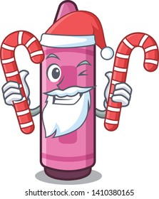 Santa with candy pink crayon above cartoon school book