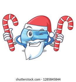 Santa with candy planet uranus above the sky cartoon