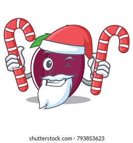 Santa with candy plum mascot cartoon style