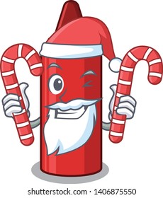 Santa with candy red crayon next to cartoon