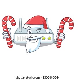 Santa with candy router placed on wooden cartoon table