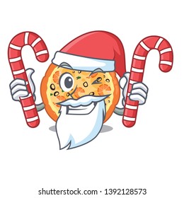 Santa with candy seafood pizza above the cartoon board