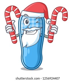 Santa with candy slippers on the carpet a cartoon