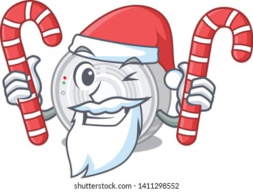 Santa with candy smoke detector above the cartoon table