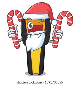Santa with candy stud friends above wooden cartoon table