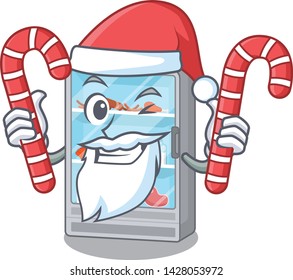 Santa with candy toy refrigerator in on cartoon shape