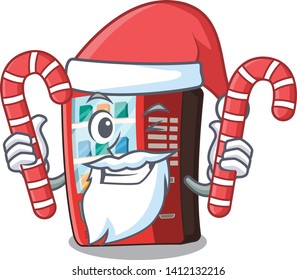 Santa with candy toy vending machine above cartoon table