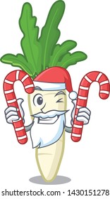Santa with candy white radish in a cartoon fridge