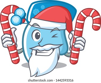 Santa with candy winter gloves in the cartoon shape