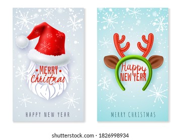 Santa Cap and deer headband. Christmas hat and snow banners. Realistic style isolated items. Holiday traditional symbols. New year cards. Vector