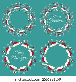 Santa caps, Candy cane, snowflakes and Merry Christmas, Happy New Year lettering Circle frames Set 4