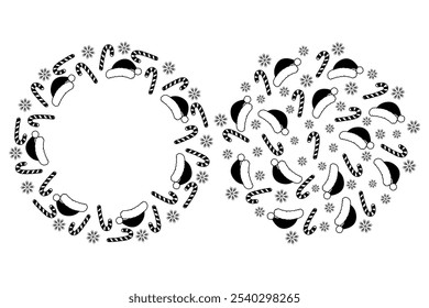 Santa caps, Candy canes and snowflakes Black and white Round Frame border and decorative background