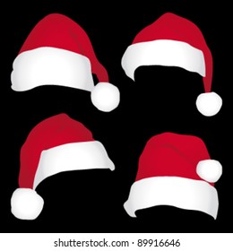 Santa caps isolated on black background. vector icons set.