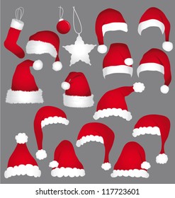 Santa caps isolated on grey background. Vector holidays icons collection.