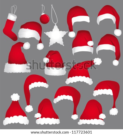 Santa caps isolated on grey background. Vector holidays icons collection.
