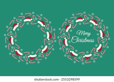 Santa caps, Striped Candy cane and snowflakes and Merry Christmas lettering. Circle Frames Set 2