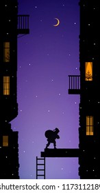 Santa carries the heavy present bag to the old city house with balconies at late Christmas evening, Christmas adventure of Santa, silhouette, vector,