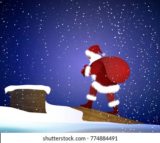 Santa carries the heavy present  bag on the roof to the chimney  in snowing weather, vector