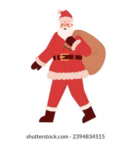 Santa carrying Christmas bag. Christmas character isolated on white background. Santa Claus in a red hat and beard with a bag of gifts.