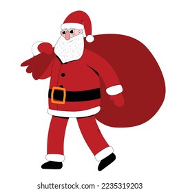 Santa carrying a Christmas bag. Flat style vector illustration isolated on white. New Year decoration element.