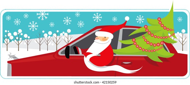 Santa is carrying a Christmas tree by car