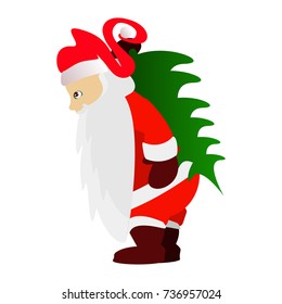 Santa is carrying a Christmas tree. on white isolated background