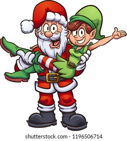 Santa carrying a female elf. Vector clip art illustration with simple gradients. All in a single layer.
