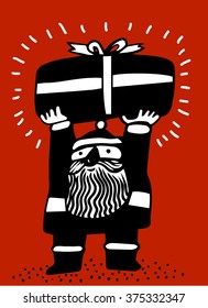Santa carrying a  gift box over his head