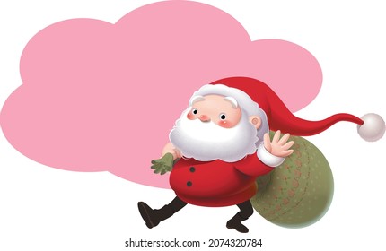 Santa carrying a gift sack and saying hello.  Background is the pink dialog box . EPS10  vector illustration with texture.