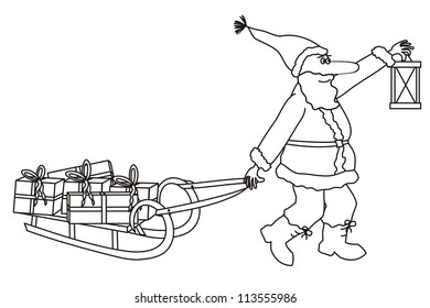 Santa carrying gifts - coloring book, vector illustration
