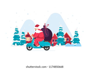 Santa is carrying gifts on a moped against a beautiful winter city with mountains. Merry Christmas banner
