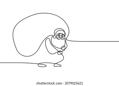 Santa carrying heavy bag full of gifts in continuous line art drawing style. Funny Santa Claus black linear design isolated on white background. Vector illustration