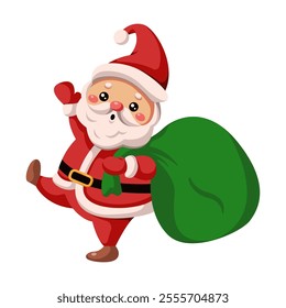 Santa carrying large sack with gifts flat color vector character. Kind Saint Nicholas on Christmas holiday illustration on white background