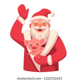 Santa is carrying a pig in his bosom.