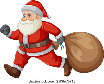 Papai Noel carregando um saco, correndo alegremente